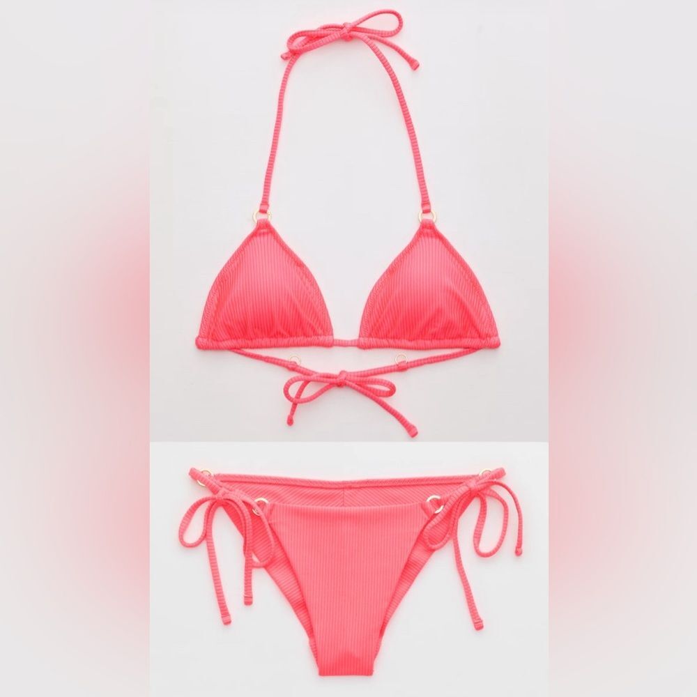 NWT Aerie FULL SET Shine Rib String Triangle Top + Tie Bottoms Neon Coral - L